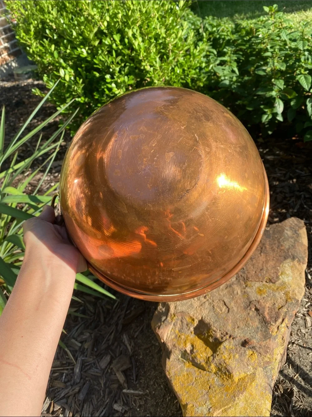 Vintage Copper 10” Mixing Bowl Rolled Edge Brass Hanging Ring